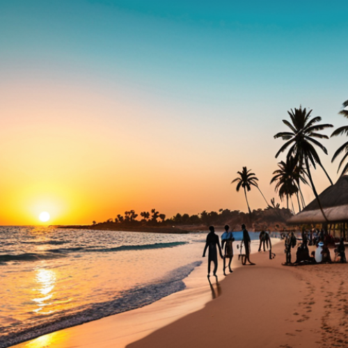 Home 11 **"A vibrant sunset over Saly Portudal beach, Senegal. Capture the scene with luxury resorts lining the shore, turquoise water, and palm trees silhouetted against the colorful sky. Include a few people enjoying the view."**
