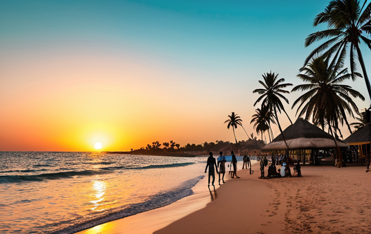 **"A vibrant sunset over Saly Portudal beach, Senegal. Capture the scene with luxury resorts lining the shore, turquoise water, and palm trees silhouetted against the colorful sky. Include a few people enjoying the view."**