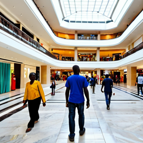 A modern, spacious shopping mall interior in Dakar, West Africa. Diverse people of various ages, fully clothed in modest, contemporary attire, walk through wide, bright corridors. High ceilings, polished marble floors reflect natural light from large glass facades. Storefronts display a mix of global fashion brands and local Senegalese artisan crafts, like vibrant textiles and wooden sculptures. The atmosphere is clean, well-maintained, and inviting, with a cool, comfortable temperature contrasting with the outside heat. perfect anatomy, correct proportions, natural pose, well-formed hands, proper finger count, natural body proportions, professional photography, high quality, detailed, safe for work, appropriate content, fully clothed, family-friendly.