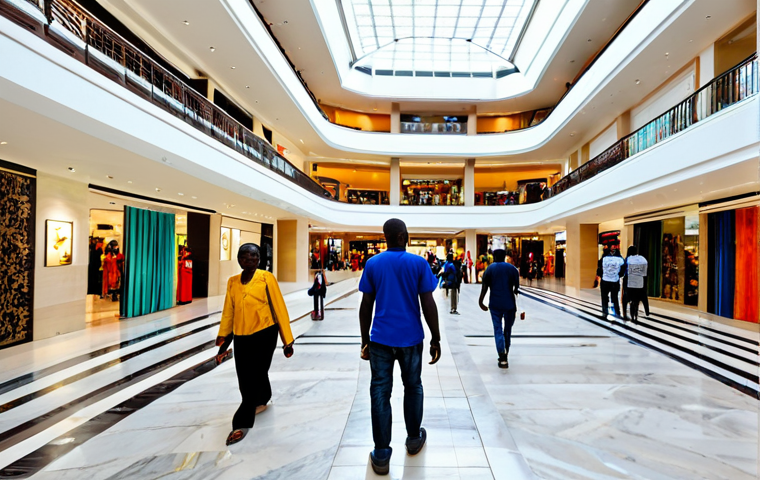 A modern, spacious shopping mall interior in Dakar, West Africa. Diverse people of various ages, fully clothed in modest, contemporary attire, walk through wide, bright corridors. High ceilings, polished marble floors reflect natural light from large glass facades. Storefronts display a mix of global fashion brands and local Senegalese artisan crafts, like vibrant textiles and wooden sculptures. The atmosphere is clean, well-maintained, and inviting, with a cool, comfortable temperature contrasting with the outside heat. perfect anatomy, correct proportions, natural pose, well-formed hands, proper finger count, natural body proportions, professional photography, high quality, detailed, safe for work, appropriate content, fully clothed, family-friendly.