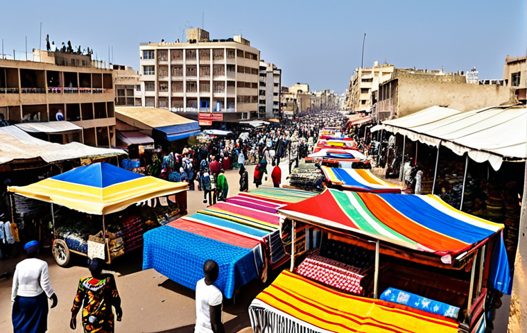 Dakar Cityscape & Local Market**
A vibrant street scene in Dakar, Senegal showcasing a bustling local market. Vendors display colorful textiles, spices, and crafts. Locals in modest, everyday clothing interact and shop. In the background, the modern cityscape of Dakar rises. The scene captures the energy and cultural richness of the city. Safe for work, appropriate content, fully clothed, family-friendly, professional photography, perfect anatomy, correct proportions, natural pose, well-formed hands, proper finger count.
