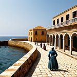 **

"A historical depiction of Gorée Island, Senegal in the 18th century, showing the House of Slaves overlooking the ocean.  Fully clothed figures in period attire are visible in the courtyard, engaged in everyday activities.  Sailboats are seen on the water.  Safe for work, appropriate content, historical illustration, modest attire, professional quality, perfect anatomy, natural proportions, well-formed architecture."

**