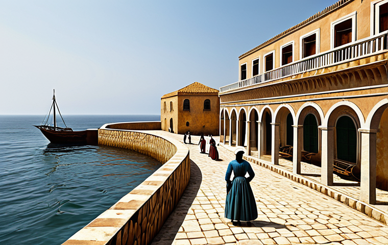 **
"A historical depiction of Gorée Island, Senegal in the 18th century, showing the House of Slaves overlooking the ocean. Fully clothed figures in period attire are visible in the courtyard, engaged in everyday activities. Sailboats are seen on the water. Safe for work, appropriate content, historical illustration, modest attire, professional quality, perfect anatomy, natural proportions, well-formed architecture."
**