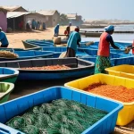 세네갈 주요 산업 - **Prompt 1: Modern Coastal Prosperity in Senegal**
"A vibrant, bustling Senegalese fishing villa...