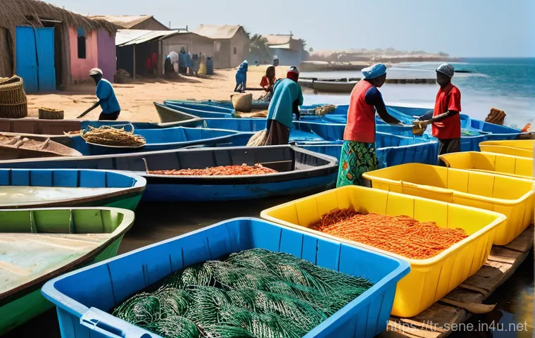 세네갈 주요 산업 - **Prompt 1: Modern Coastal Prosperity in Senegal**
"A vibrant, bustling Senegalese fishing villa...