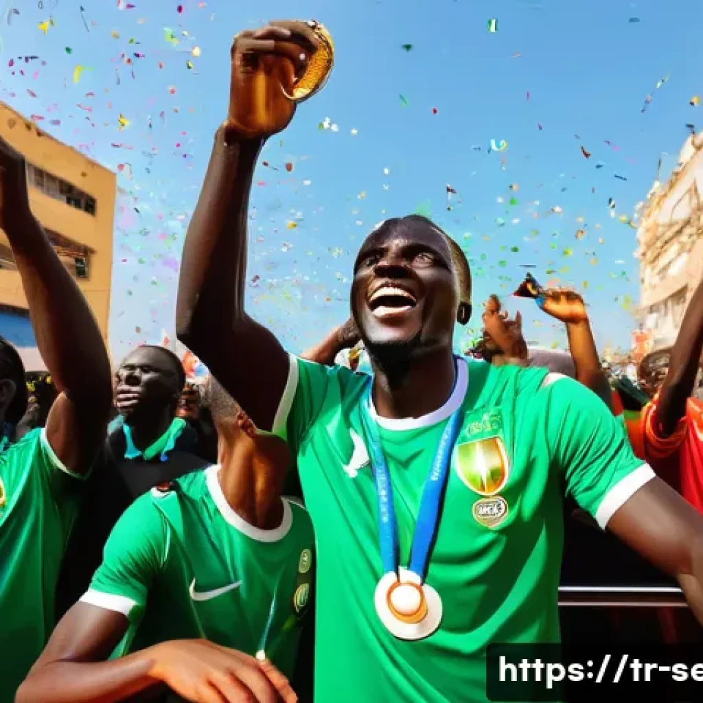 세네갈 축구 대표팀 - **Prompt:** A vibrant and emotional scene capturing the peak of Senegal's 2021 Africa Cup of Nations...