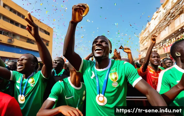 세네갈 축구 대표팀 - **Prompt:** A vibrant and emotional scene capturing the peak of Senegal's 2021 Africa Cup of Nations...