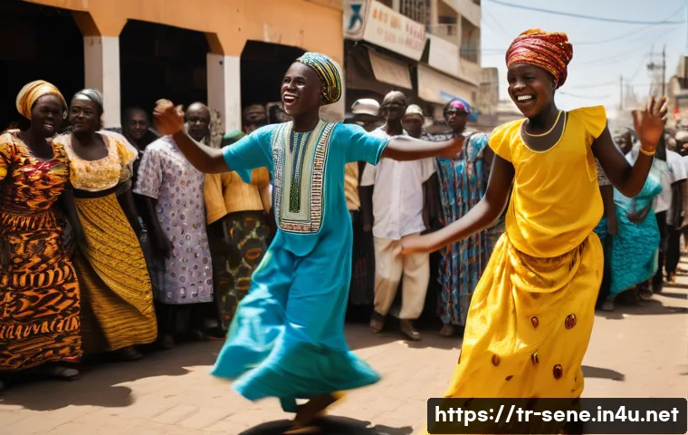 세네갈에서 전통 춤 배우기 - **Prompt:** A vibrant, high-energy scene in a bustling market square in Dakar, Senegal. Sunlight bat...
